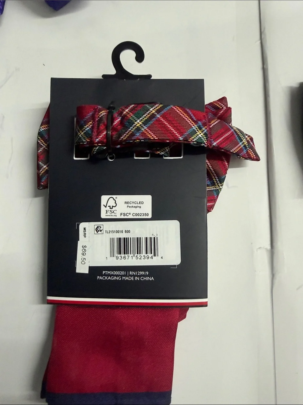 Tommy Hilfiger Red Plaid Bow Tie with Matching Pocket Square